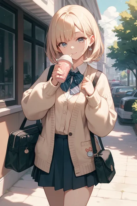  One girl , Alone,   skirt, bag,  cardigan , sleeve _past_wrist