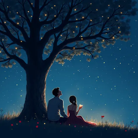 Starry Night Under a Tree
A romantic nighttime setting with the couple sitting under a tree, surrounded by fairy lights.
The guy is looking up at the stars while holding a guitar or a small letter, hinting at his love for her.
Deep blues and twinkling star...