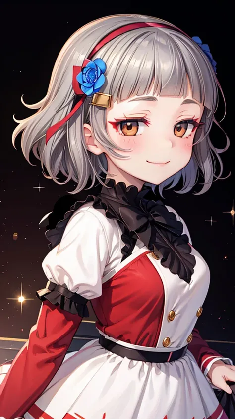 (((solo))), 1 woman, Sakuya Kurobane, sakuyaunif, kurobane_sakuya, (brown eyes), short hair, grey hair, black hairband, blue hair flower, red eyeliner, blush, smile, beautiful chest, medium chest, (upper body), santa claus