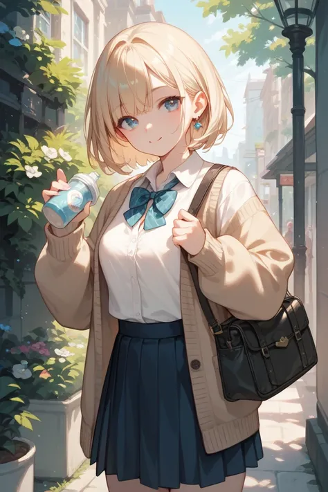  One girl , Alone,   skirt, bag,  cardigan , sleeve _past_wrist