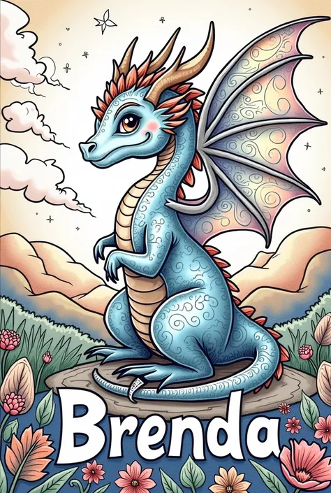 A coloring page with a dragon and the name Brenda on the bottom