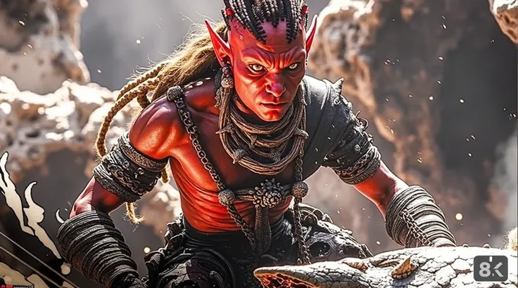  Realistic 8k image of a character from the movie Avatar .  It has an appearance similar to the Navi people but with red skin and a hostile appearance. He has long hair and dreaded .  It is mounted on a large dragon with an aggressive and ferocious appeara...