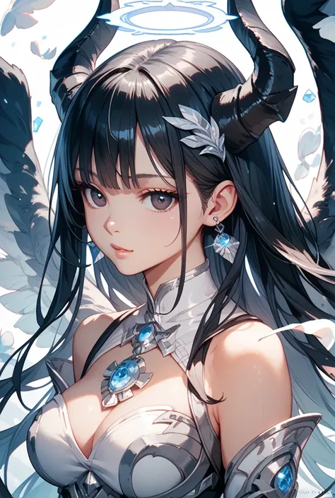  Goddess of the Abyss with long black hair ,totally dark eyes like the night , black horns with white magic details,And black angel wings , stunning outfits with silver details.