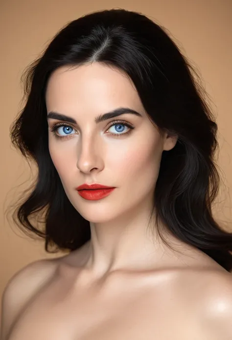  full body photo  ,  an ultra-realistic portrait of a 30-year-old woman  , linda,  with deep and mysterious blue eyes  ,  face with beauty and classic symmetry  ( European-Italic type  ),  medium black hair  , suave,  her eyebrows are striking and well-don...