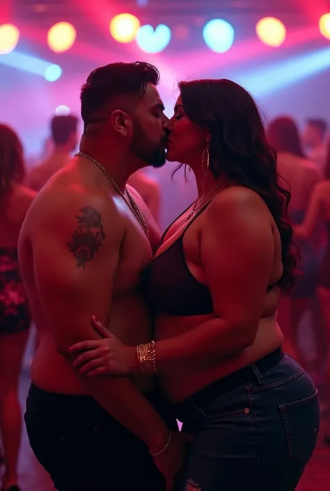 Fat boy and fat girl kissing eachother with club background 