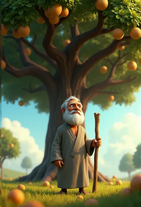 A symbolic image showing Judah standing under a large, lush tree. He looks older, wearing a gray tunic with a staff in hand. Branches from the tree extend outward, each one bearing small golden fruits, representing his descendants, leading to Jesus. , 3d a...