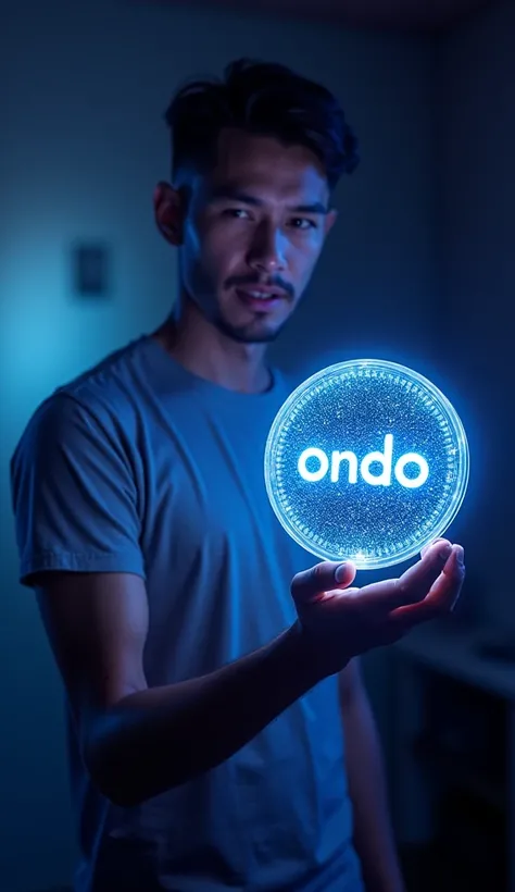 Man Holding A Cryptocurrency Coin Which Is Glowing , In Coin Written "Ondo" , Neon Effect 