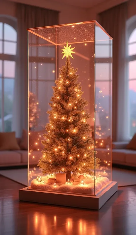  Christmas house and Christmas tree in a clear glass box、The illuminated 、 background is a stylish home interior 、ピンクグラデーション