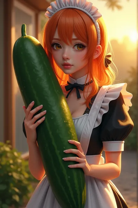 a realistic image of an woman orange hair holding a large and long cucumber. wearing a maid costume,   The focus show should be on the cucumber , showing the cucumber, . The background should be softly blurred to draw attention to the cucumber , providing ...