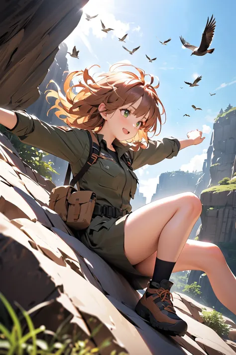 1 girl, (cute face), (medium length messy hair:1.2), (bright green eyes), small breasts, slim, (wearing a rugged adventurer outfit), (utility skirt), BREAK  
Rocky canyon, dramatic cliffs, (flying birds:1.2), (climbing a rock face:1.2), bright daylight, ou...