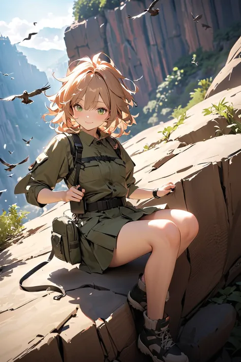 1 girl, (cute face), (medium length messy hair:1.2), (bright green eyes), small breasts, slim, (wearing a rugged adventurer outfit), (utility skirt), BREAK  
Rocky canyon, dramatic cliffs, (flying birds:1.2), (climbing a rock face:1.2), bright daylight, ou...