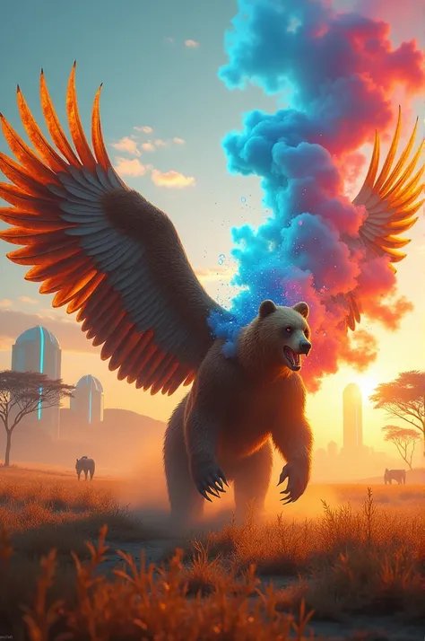 Imagine a magical and futuristic scene in a stunning savannah, where a powerful bear and a majestic eagle are about to merge. In the center of the image, a colorful smoke curtain rises, wrapping the two animals as their shapes begin to intertwine. The bear...