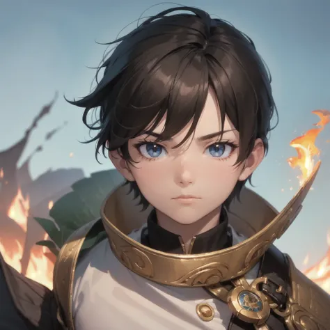 Warrior boy staring at the blue sky with a serene face like background fire