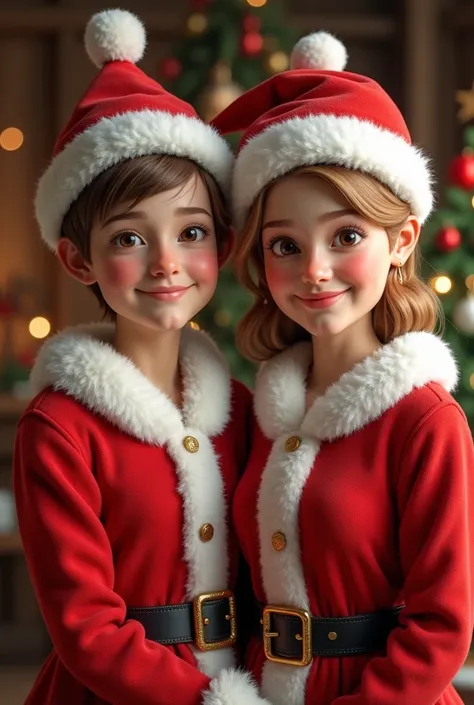 Medium build male with short brown hair wearing Santa suit with Santa hat with female wearing a Santa suit with Santa hat 