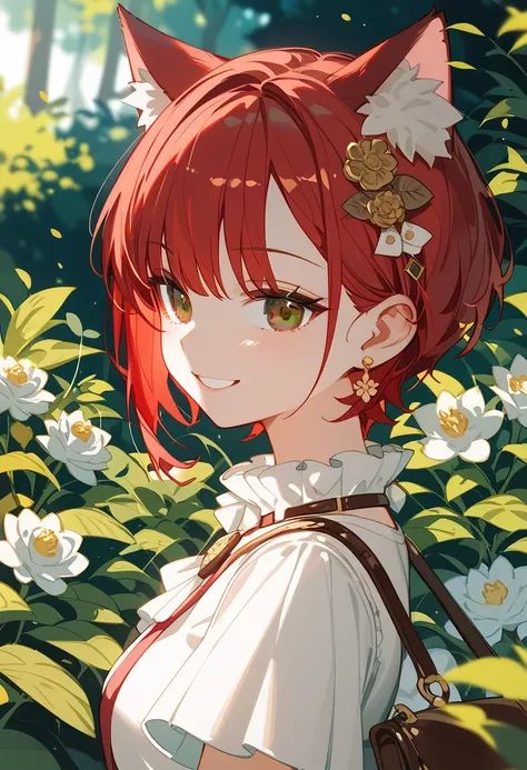  Masterpiece、 very young girl 、Extremely small bust 、 slender body、Thin legs、Long neck、brown eyes 、Bright red hair、 short hair 、 cat ears and tail 、 white ruffle dress 、 leather boots、Leather Belt、brown leather handbag、Lush forest、 colorful flowers、smile、 ...