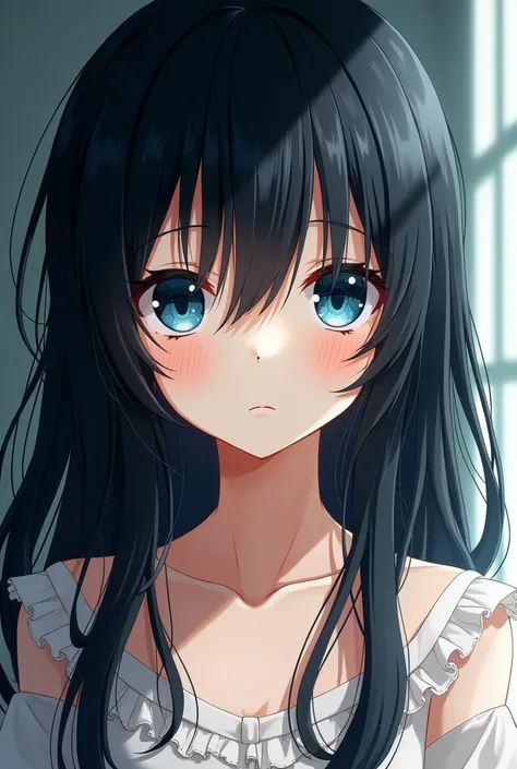 Anime girl, pale skin, long    messy black hair, blue eyes, 