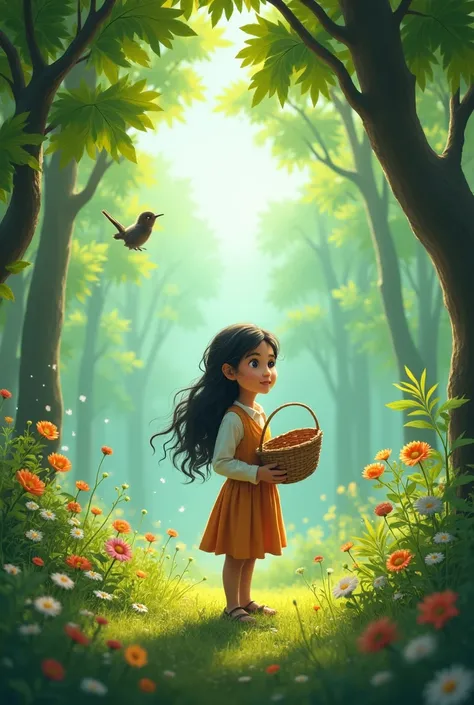 "A young girl, Zainab, stands at the edge of a lush green forest with a basket in her hand, surrounded by colorful flowers and birds chirping in the background."