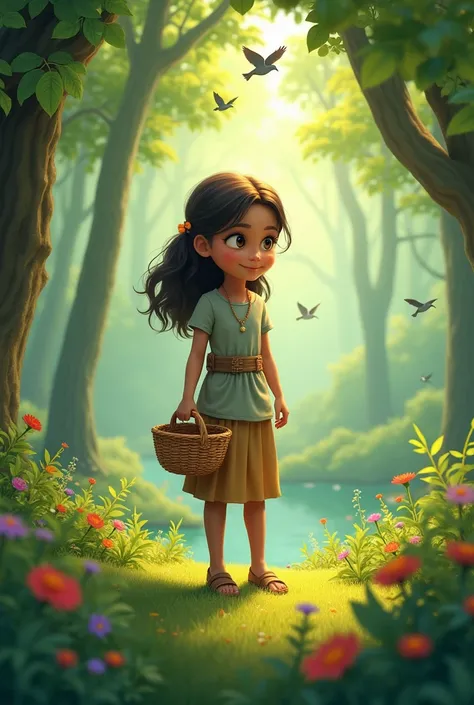 "A young girl, Zainab, stands at the edge of a lush green forest with a basket in her hand, surrounded by colorful flowers and birds chirping in the background."