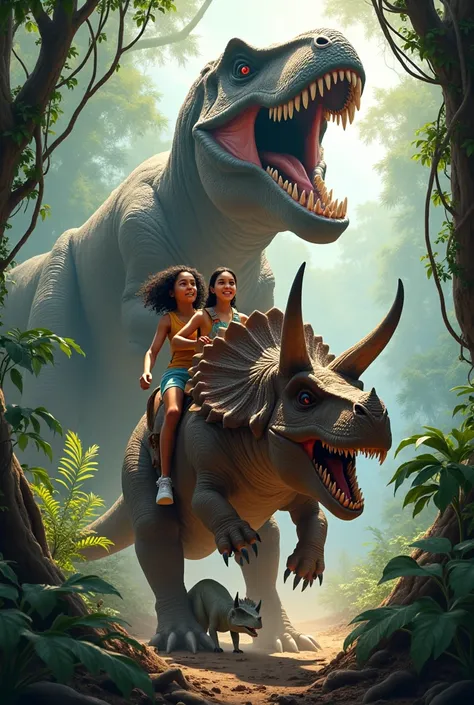 
A dramatic scene with a roaring T-Rex in the background and Shaza and Haadiyah riding a triceratops. Dino hides behind the girls, looking scared. The prehistoric jungle is alive with activity.
