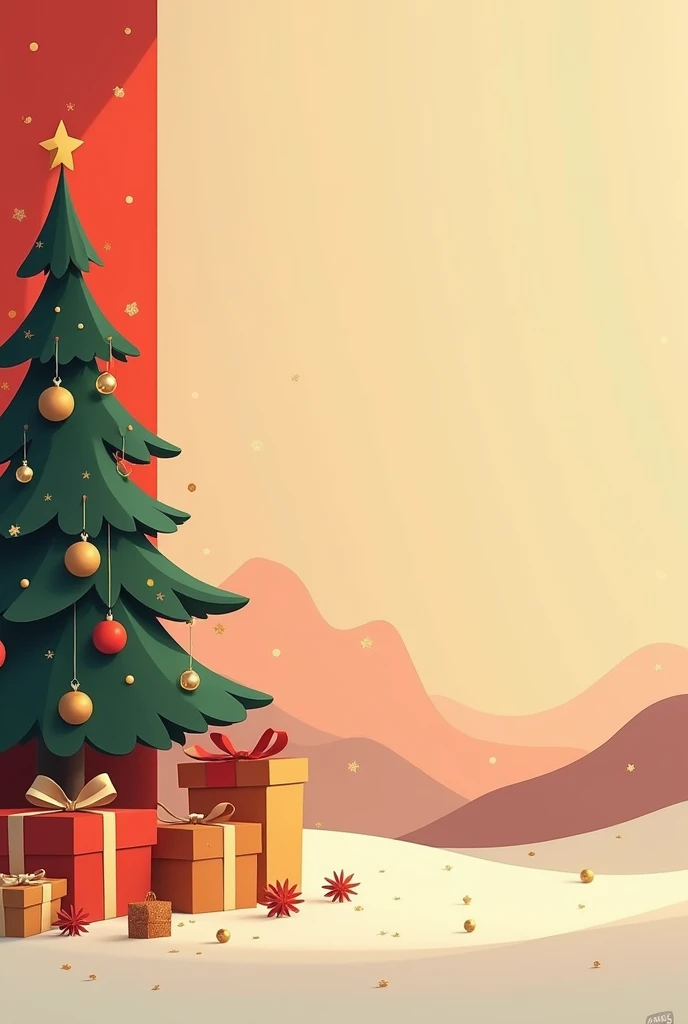 Christmas picture, minimalist, in warm colors, red, gold, green, with free space on the right to write wishes