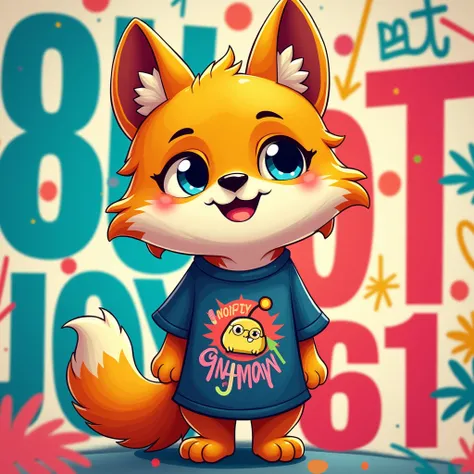 Put the big word “nottjoy 861” in the picture, make a cute little wolf, golden fur, cool, graphic shirt, colorful picture.