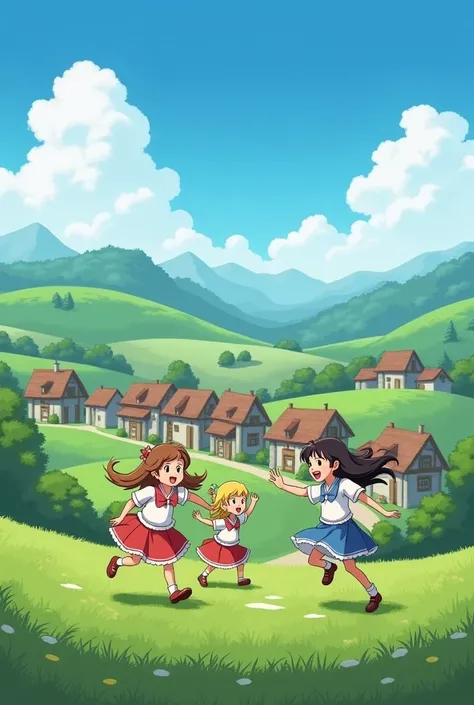 .: A serene village nestled in the rolling hills of a far-off land, with the three s (Luna, Aria, and Zara) playing together in the foreground.
- Image description: A picturesque village with traditional houses, green fields, and a bright blue sky. The thr...