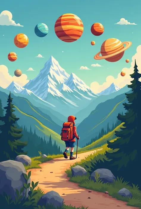 Cartoonist logo with person walking the mountains with all planets on sky being seen