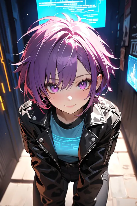 1 girl, (cute face), (short spiky hair:1.2), (violet eyes), small breasts, slim, (wearing a cyberpunk outfit), (leather jacket and high-tech accessories), BREAK  
Urban alley, neon signs, (holographic displays:1.2), (leaning against the wall:1.2), night sc...