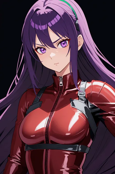 1girl, beautiful anime fighter girl, red and black leather catsuit, dark green shoulder pads, highly skilled cool ace pilot, shoulder-length purple hair, purple eyes, masterpiece