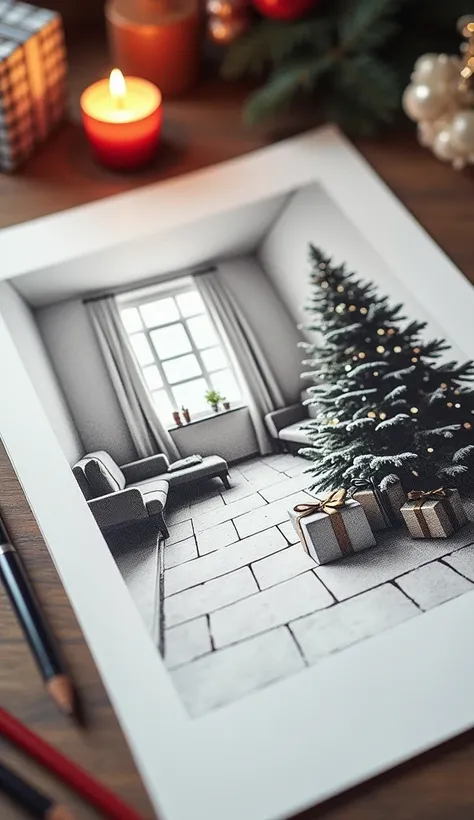  a sheet of paper on a table with a drawing from a perspective of a monochrome room .  in that room there is a Christmas tree and some presents and ren sitting around the tree and presents.  the ren and the Christmas tree are colored .  the rest of the ima...