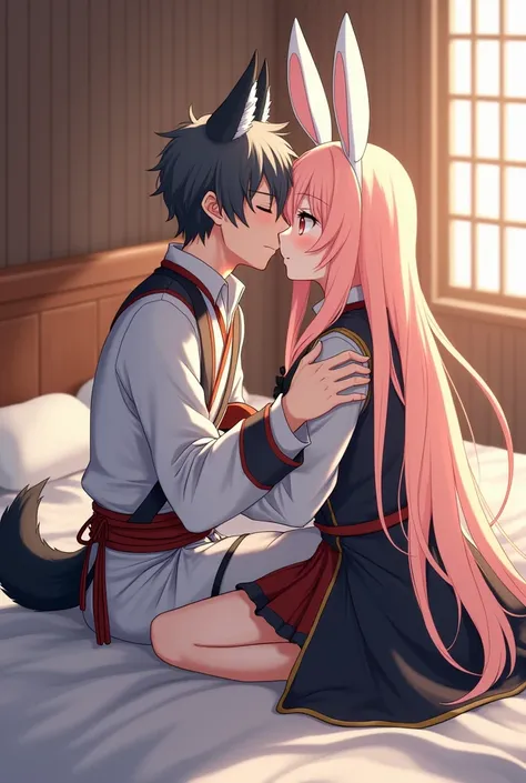 anime, a boy with black wolf ears and tail and short platinum hair is kissing a girl with white bunny ears and tail and long peach pink hair. on the bed in a wooden room. they were dressed in swordsman costumes. 