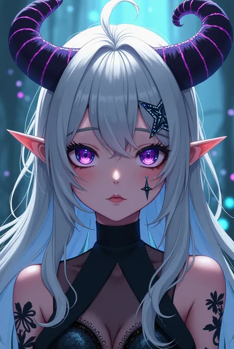 Anime female white and grey hair, purple cyan eyes, piercings on face and spiral horns