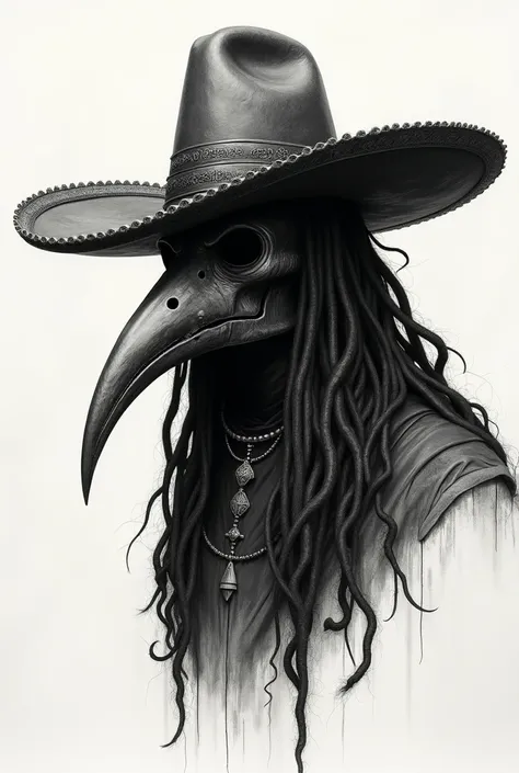  A sinister-style drawing of the tilted head of a Black Death doctor with his characteristic beaked mask, with Mexican hat and dreadlocks 