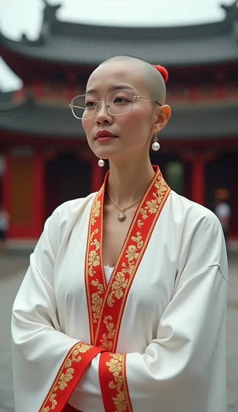 Bald Thai 30 years older ,wearing glasses ,,Wearing ancient Chinese clothing,Beautiful flowing fabric , white dress, exquisite, red-gold Chinese embroidery strip, wearing necklace jewelry, big pearl , background is Chinese pagoda building , Masterpieces,  ...