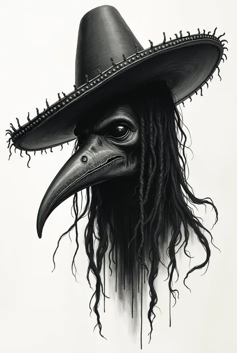  A sinister-style drawing of the tilted head of a Black Death doctor with his characteristic beaked mask, with Mexican hat and dreadlocks 