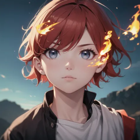 Warrior boy staring at the blue sky with a serene face like background fire,beautiful eye, masterpiece, high quality, red hair, beautiful background, night time, fire at the back