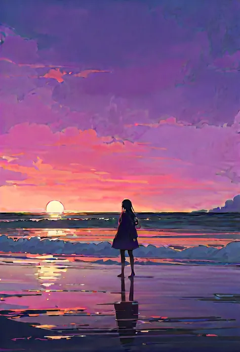 (masterpiece,  top quality :1.2),  One girl , Alone, standing_, 
 One girl ,cloudy_null, gradients _null,  horizon , ocean,  orange _null, evening ,  Purple _null, red_null, reflection,  scenery, moon,  moonlight,,masterpiece, top quality , Ultra Detailed ...