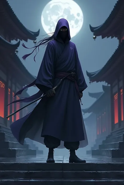 masterpiece,best quality,solo,tall and slim ninja character,(wearing minimal ninja armor,that is dark purple black),dynamic pose,calm expression,standing on the steps of temple,he is hoding a cane sword,dark and moody atmosphere,moon light,subtle wind effe...