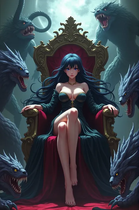 Anime beautiful black hair big boobs women sitting on throne and she have dangerous monsters around her.
