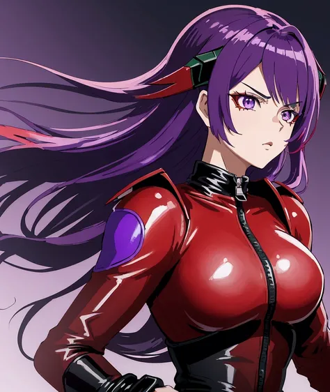 1girl, beautiful anime fighter girl, red and black leather catsuit, dark green shoulder pads, highly skilled cool ace pilot, shoulder-length purple hair, purple eyes, masterpiece
