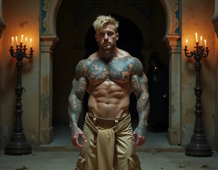 Brutal muscular, blond-haired, blue-eyed, tattooed bodybuilder in beige army pants and beige body armor stands in an old shabby abandoned Persian temple, his powerful muscular body is completely covered with tattoos, dark and gloomy, dirty old candles are ...