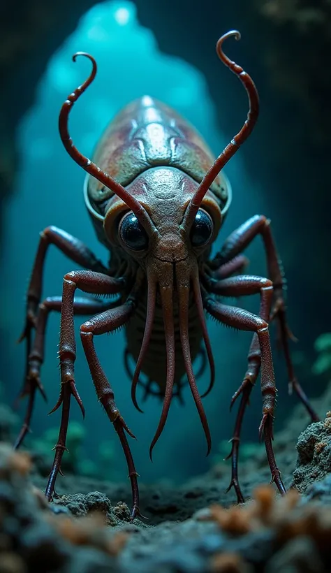 "Create a detailed image of a hybrid creature that combines a squid and a cockroach. The creature should have the segmented, armored exoskeleton and legs of a cockroach, blending into the soft, tentacled body of a squid. Its head should feature the large, ...