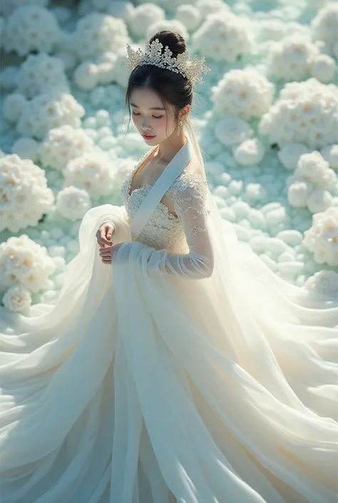 A girl koeran Extreme Wide Shot,aerial perspective,top-down view,grand scale,central subject,woman in hanfu bridal gown,hanfu petals are covered around,intricate crystal floral patterns,ethereal white Color flower sea backdrop,dreamlike ambiance,vibrant wh...