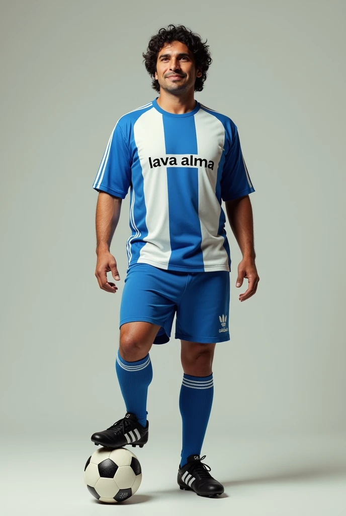 Create realistic images of Colombian drug dealer Pablo Escobar dressed as a soccer player with a blue and white t-shirt and blue shorts,blue socks and black boot Adidas , He has one foot on the ball  . happy with life . It says LAVA ALMA on his t-shirt and...