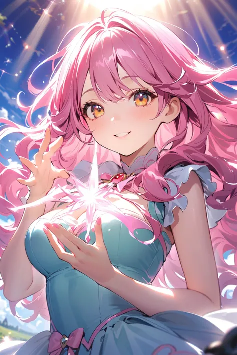 1 girl, (cute face), (medium length wavy hair:1.2), (golden eyes), large breasts, slim, (wearing a magical girl outfit), (sparkling skirt and wand), BREAK  
Fantasy landscape, vibrant flowers, (floating sparkles:1.2), (casting a spell:1.2), bright sunlight...