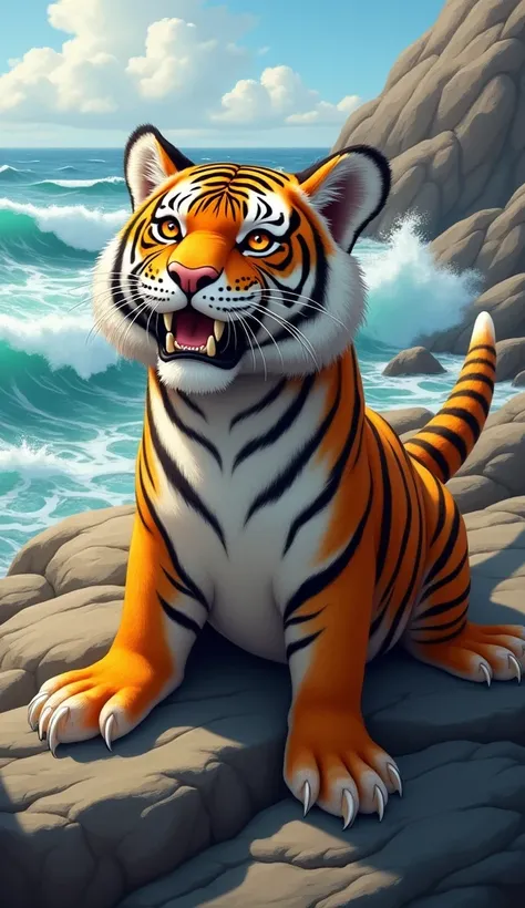 "Create a detailed image of a hybrid creature that combines a tiger and a seal. The creature should have the sleek, streamlined body and flippers of a seal, covered in the vibrant orange and black striped fur pattern of a tiger. Its face features the fierc...