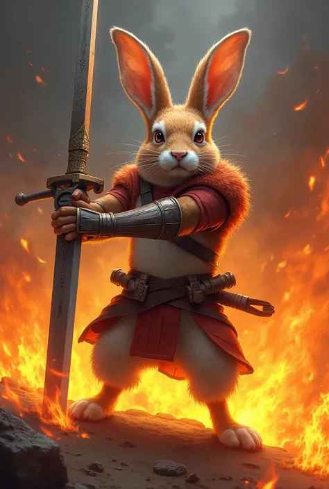 Rabbit hero withbig sword around him fire