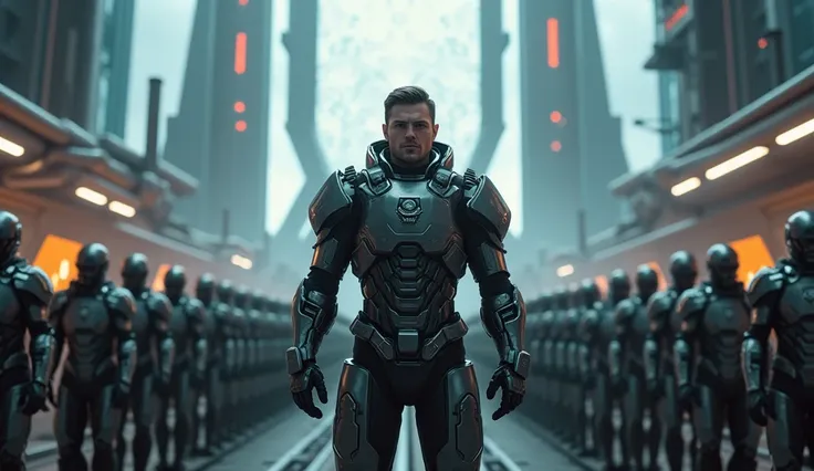 REALISTIC IMAGE OF a man in armor stands in front of a group of men, cutscene footage, cutscene, video game cutscene, depicted as a scifi scene, [ cinematic, highly detailed cinematic, detailed cinematic render, ultra detailed cinematic, in-game cinematic,...