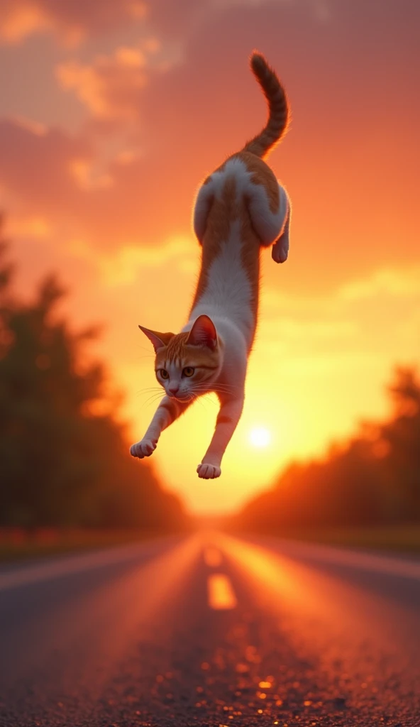 A daring cat mid-backflip, its tail forming an elegant curve, with a joyful expression. The sunset road adds a vibrant, dramatic feel to the action.

