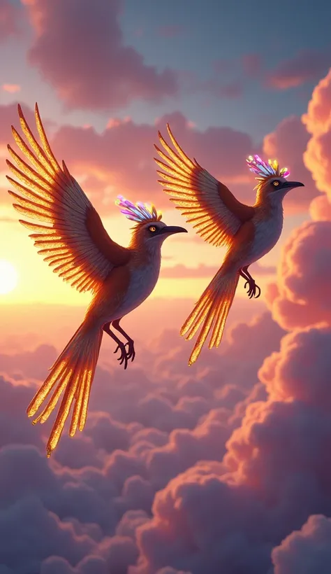 " Two exotic medium-sized birds ,  with incandescent brown plumage and details in electric yellow ,  flying together in a twilight sky .  Their wings have bright geometric patterns that emit a faint neon glow ,  and their long tails have feathers that end ...